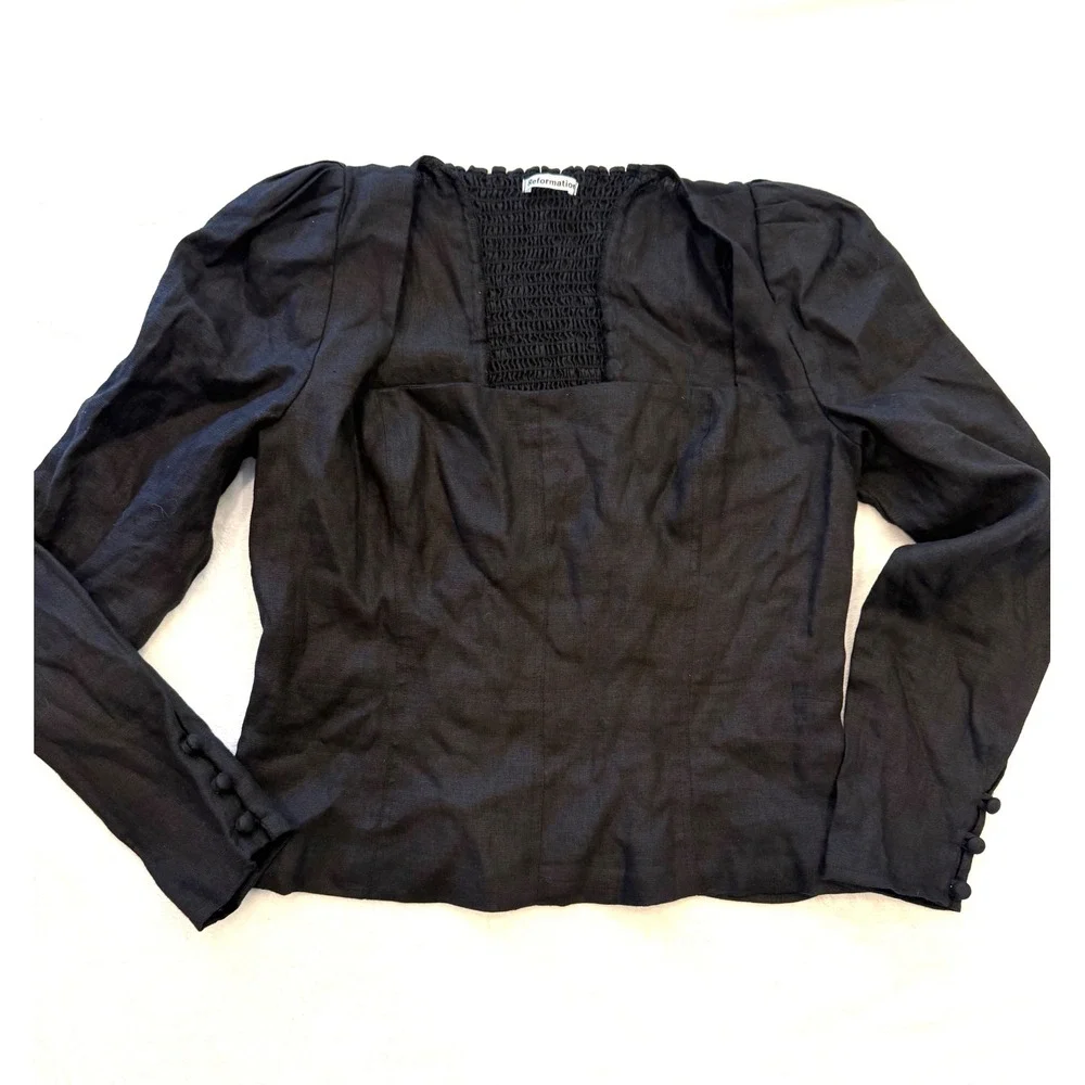 Reformation Black Linen Smocked Back‎ Square Neck Puff Sleeve Blouse Top